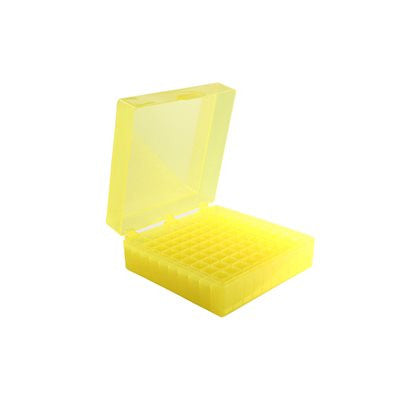 Caja para microtubos Heathrow Scientific HS120203, 100 posiciones, amarillo, fotografía oficial; tubos ilustrativos no incluidos