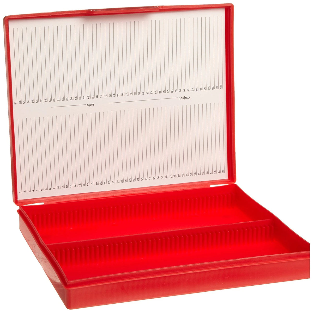 Caja Heathrow Scientific HS15991B rojo de 100 posiciones de polipropileno; portaobjetos no incluidos