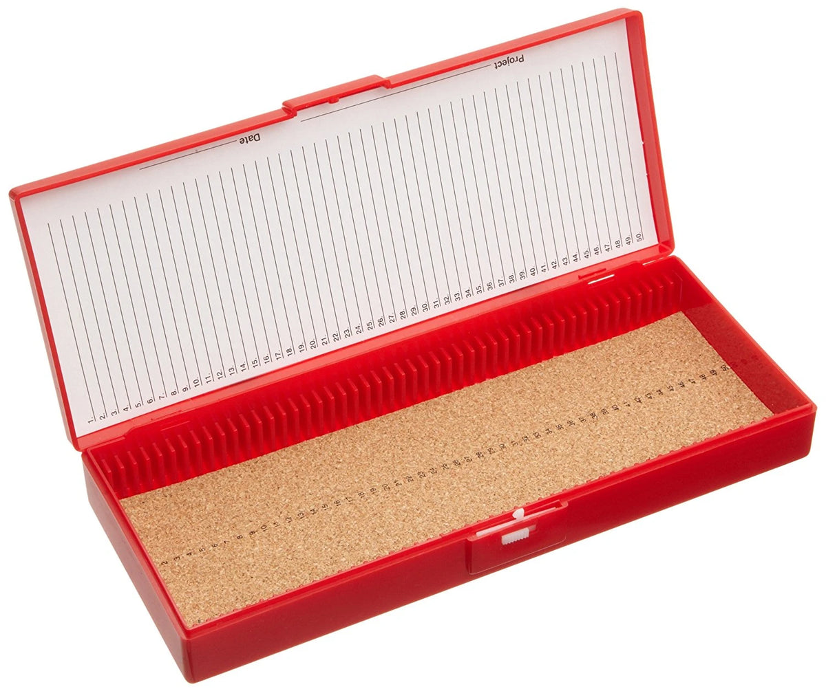 Caja Heathrow Scientific HS15996B rojo de 50 posiciones con revestimiento de corcho; portaobjetos no incluidos