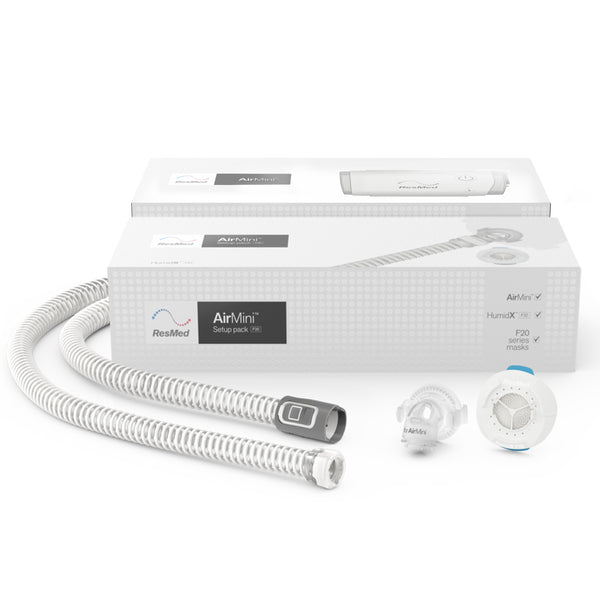 ResMed AirMini F20 Setup Pack 38011: tubo, conector y HumidX F20 con sus empaques; equipo y mascarilla no incluidos.