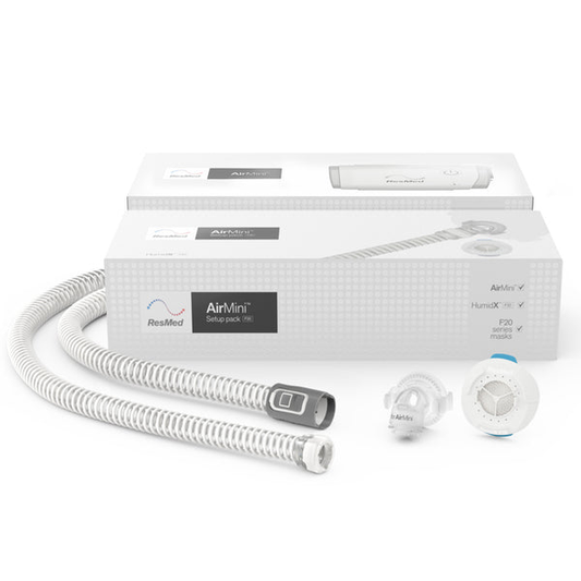 ResMed AirMini F20 Setup Pack 38011: tubo, conector y HumidX F20 con sus empaques; equipo y mascarilla no incluidos.