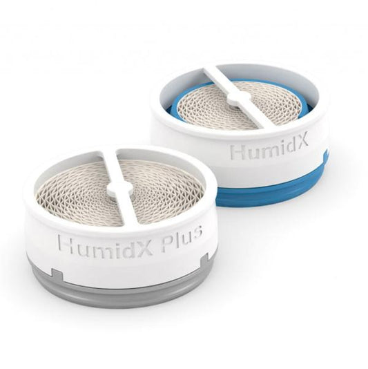 Familia HumidX: Plus gris al frente y Standard azul al fondo; venta de un cartucho Plus para AirMini