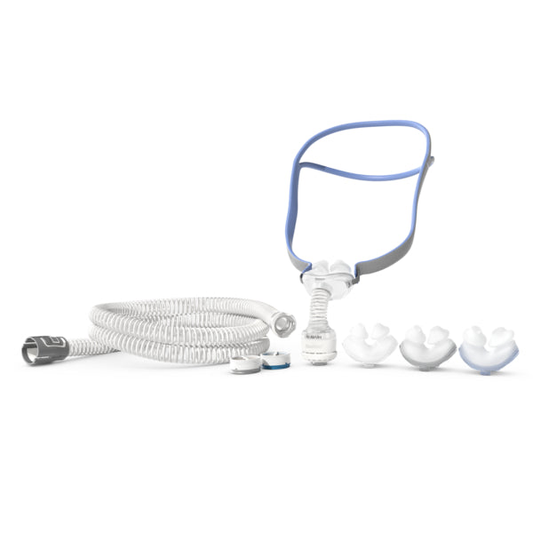 Kit ResMed AirMini AirFit P10 38824 completo, con arnés, almohadillas, tubo y cartuchos, foto original del fabricante.