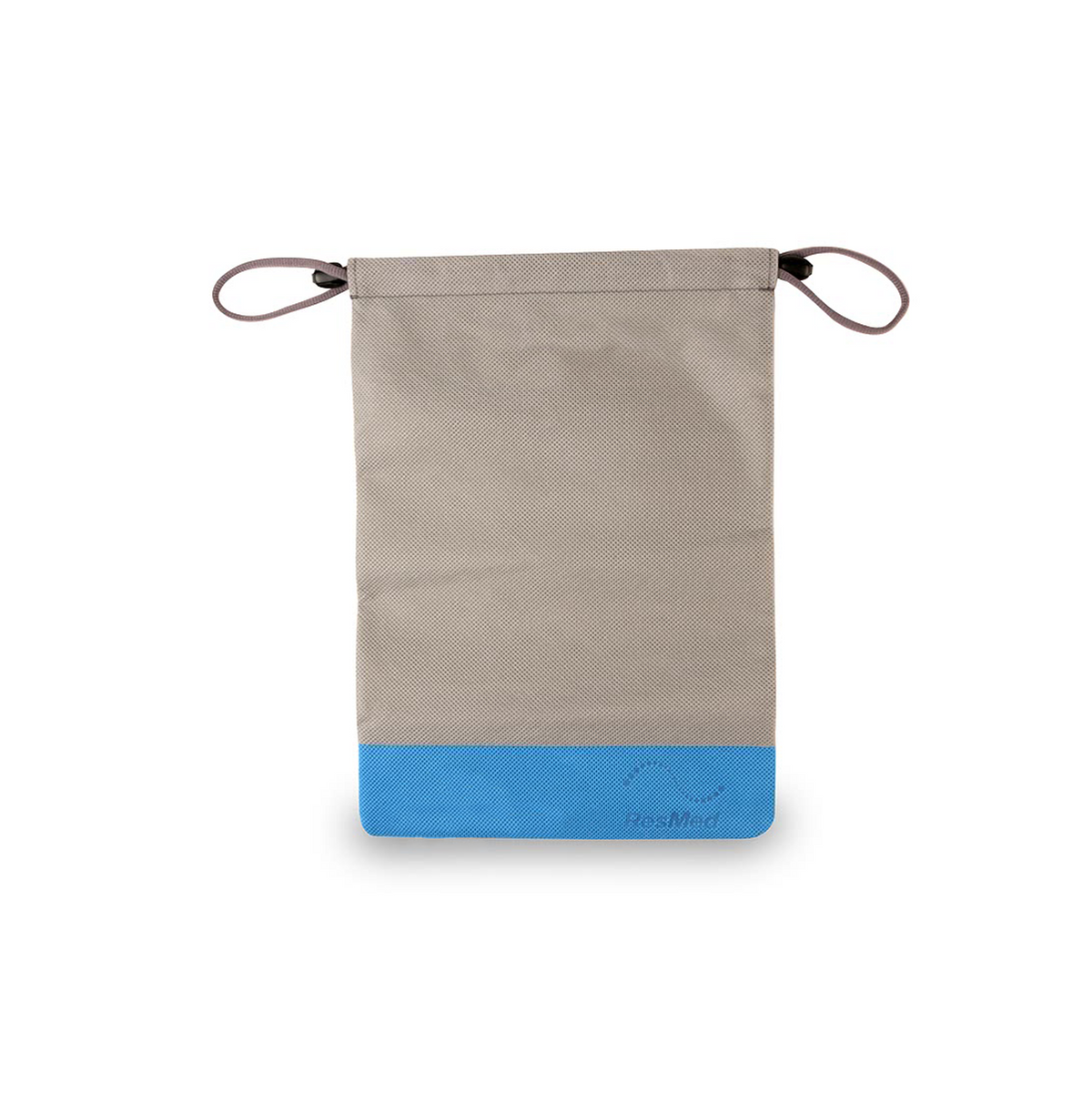 Bolsa ResMed AirMini 38826 con cierre de cordón. Fotografía completa del accesorio gris y azul.