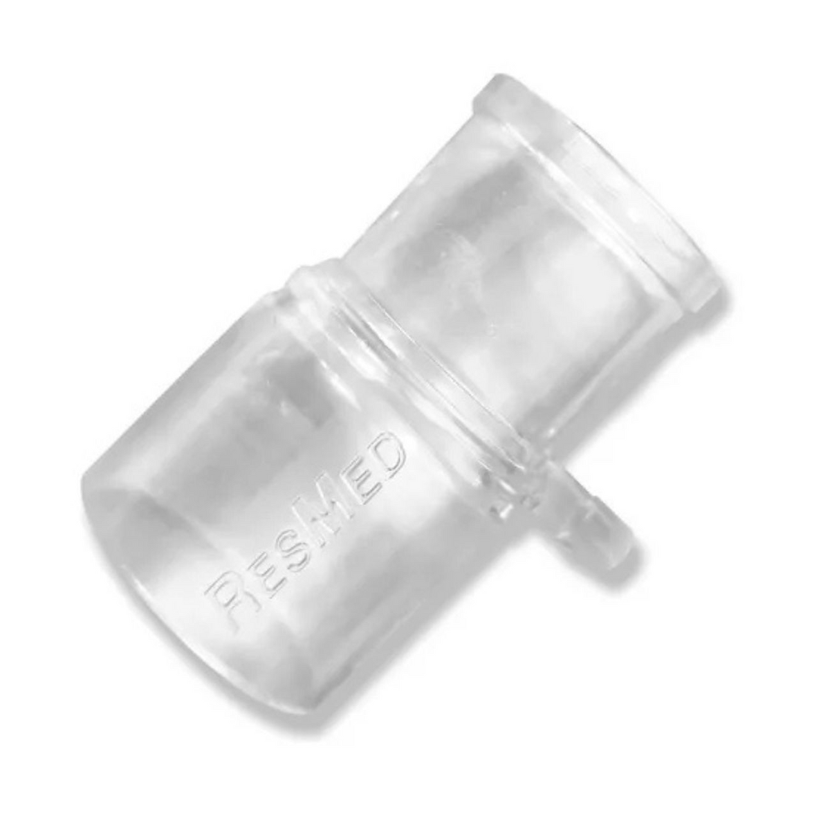 Conector de puerto de presión distal ResMed 61121. Fotografía completa de una pieza con la marca ResMed visible.
