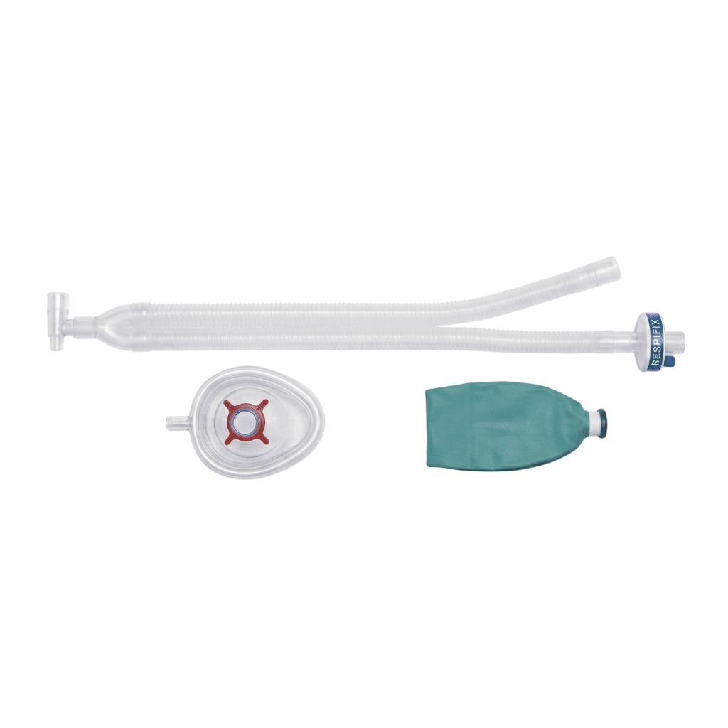 Circuito de anestesia Respifix RSPB0189 para adulto de 1.5 m, con filtro HMEF, bolsa de 3 L y mascarilla #5; fotografía de referencia del conjunto.
