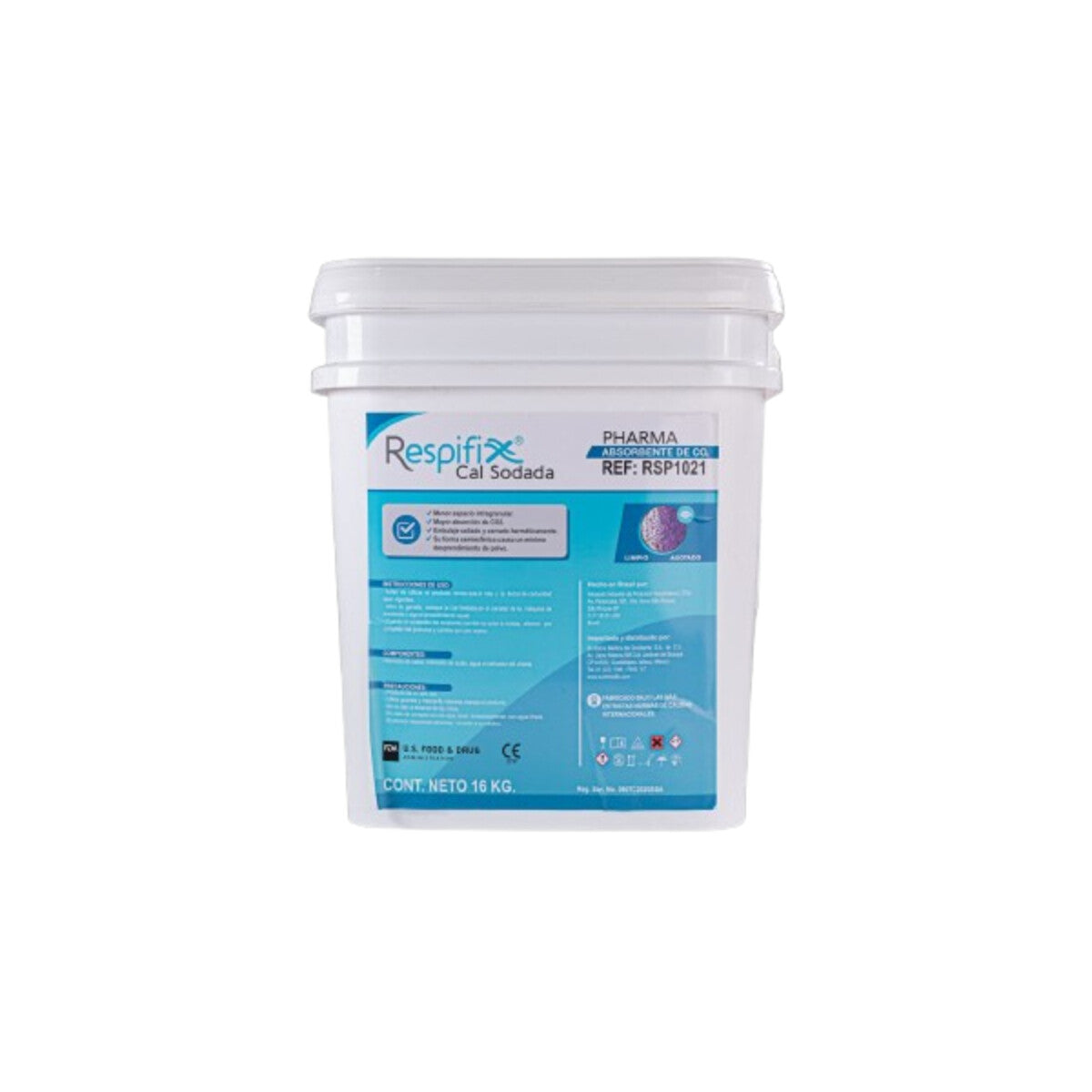 Cubeta de cal sodada Respifix RSP1021 de 16 kg con indicador sobre fondo blanco