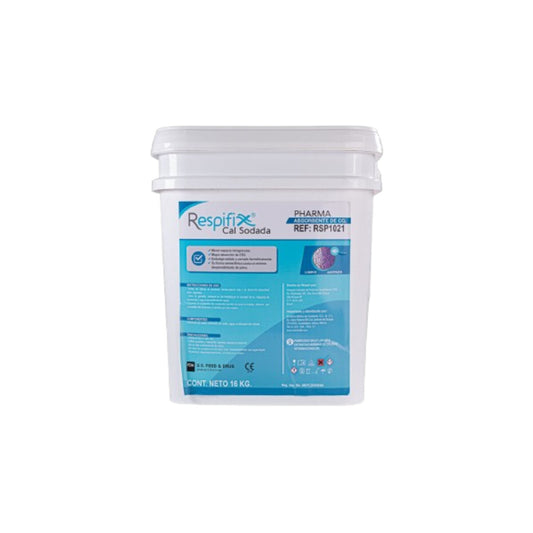 Cubeta de cal sodada Respifix RSP1021 de 16 kg con indicador sobre fondo blanco