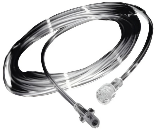 Línea de muestreo de CO₂ Salter Labs, configuración Luer macho-hembra. Fotografía de referencia completa de la línea y sus dos conectores.