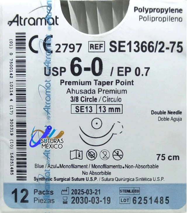 Atramat polipropileno USP 6-0 azul, doble aguja SE-13 de 13 mm, 75 cm