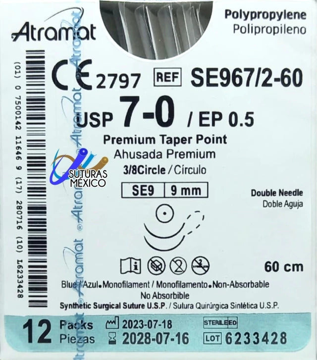 Atramat polipropileno USP 7-0 azul, doble aguja SE-9 de 9 mm, 60 cm