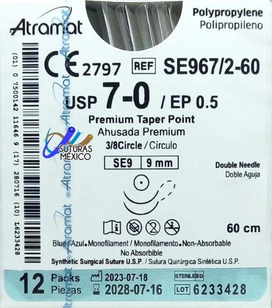 Atramat polipropileno USP 7-0 azul, doble aguja SE-9 de 9 mm, 60 cm
