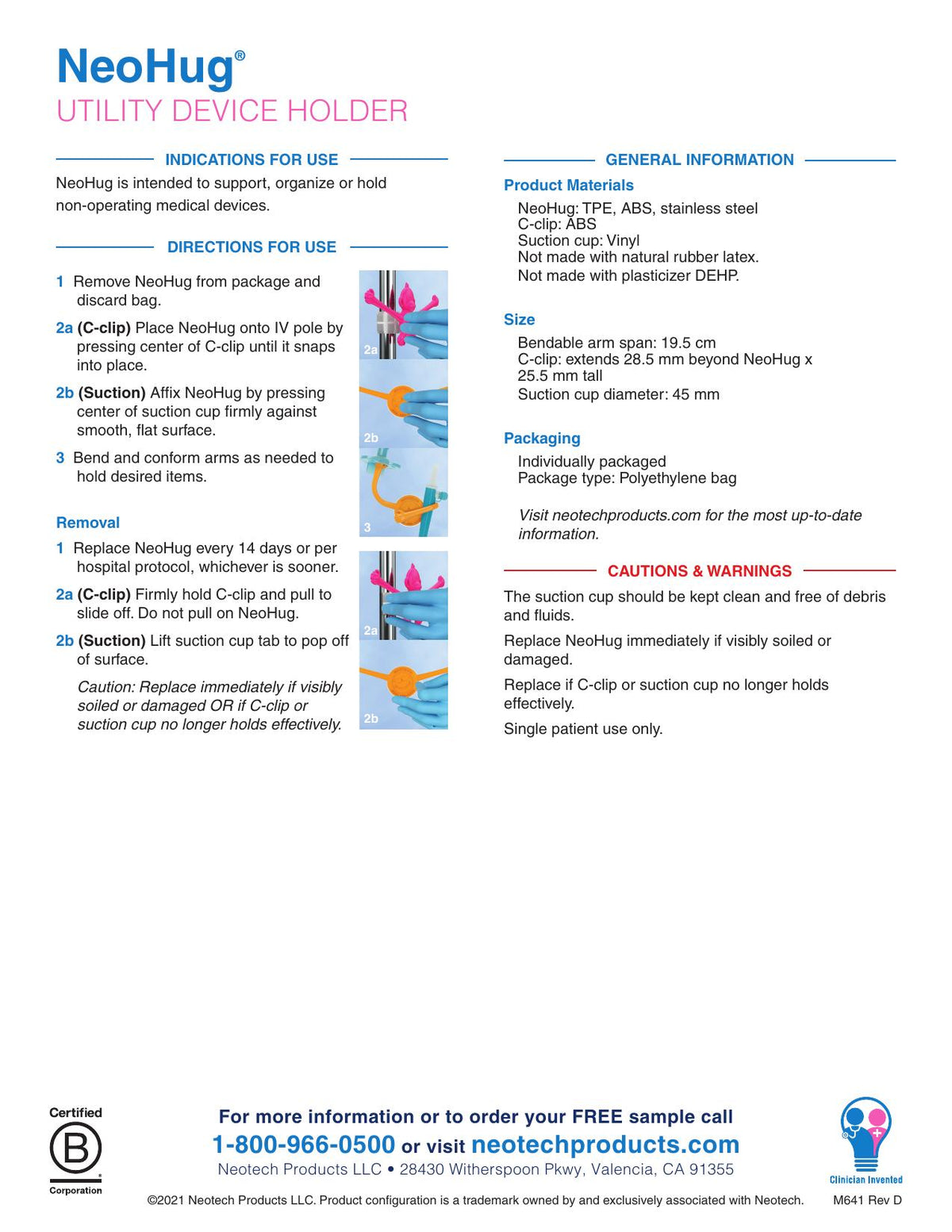 Sell sheet Neotech NeoHug M641 p. 2: indicación, clip C en poste de suero y materiales de N680A-C