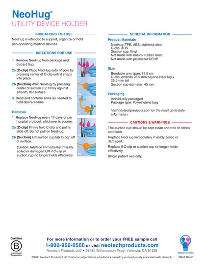 Sell sheet Neotech NeoHug M641 p. 2: indicación, clip C en poste de suero y materiales de N680A-C