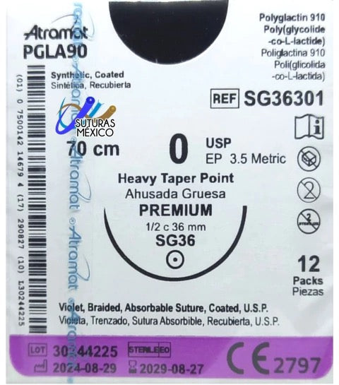 Atramat SG36301 PGLA90 USP 0, aguja SG-36 de 36 mm, 70 cm, caja con 12 piezas