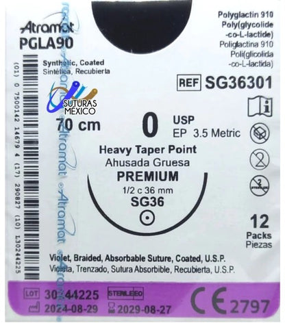 Atramat SG36301 PGLA90 USP 0, aguja SG-36 de 36 mm, 70 cm, caja con 12 piezas