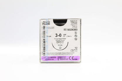 Atramat SG36303 PGLA90 USP 3-0, aguja SG-36 de 36 mm, 70 cm, caja con 12 piezas