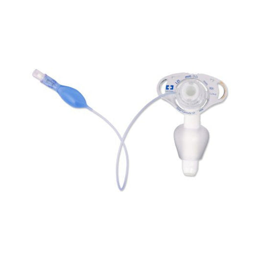 Cánula de traqueostomía Shiley Flexible con balón TaperGuard, brida transparente y globo piloto, sobre fondo blanco