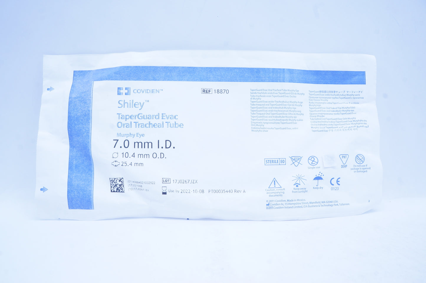Tubo endotraqueal Shiley Evac con cuff TaperGuard y puerto de aspiración subglótica; referencia visual de la familia 7.0–8.5 mm