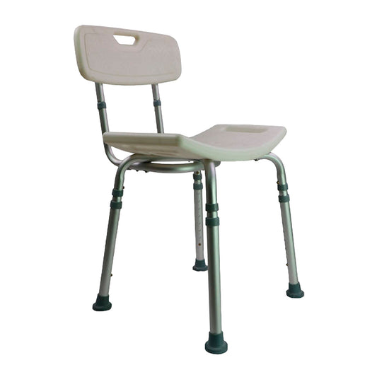 Silla de baño Handy ABR01 completa, respaldo abatible y cuatro patas con goma sobre fondo blanco