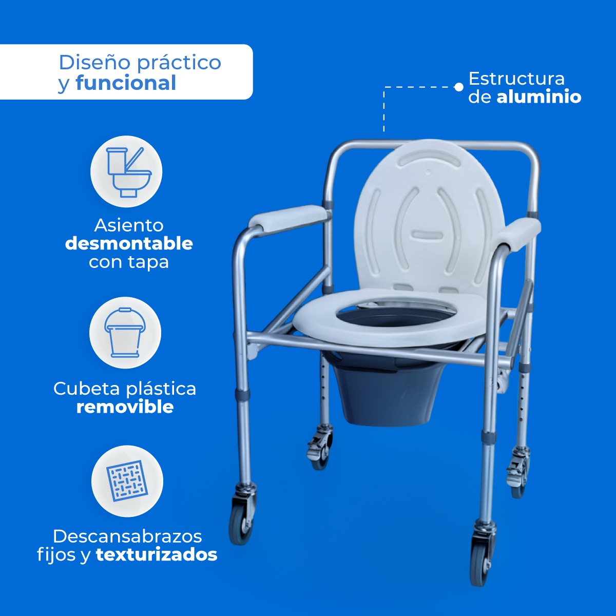 Silla con inodoro Handy AWC02 completa, estructura de aluminio, tapa, cubeta y cuatro ruedas