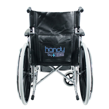 Silla de ruedas Handy S300 vista por detrás, con la leyenda handy by Hergom en el respaldo