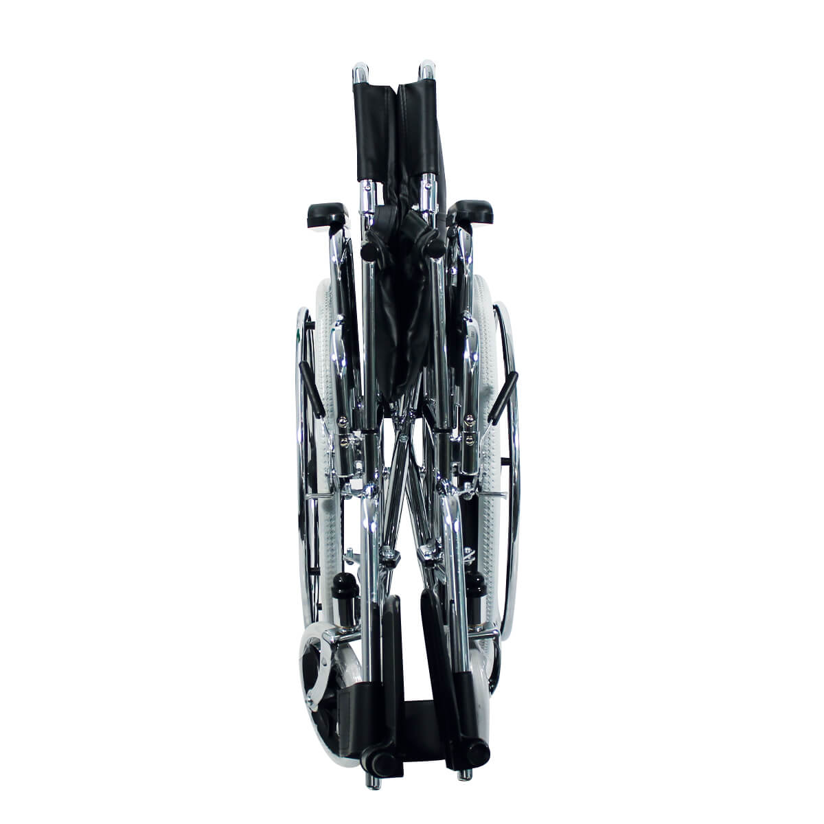 Silla de ruedas Handy S300 plegada, de frente, con respaldo y ruedas en cuadro