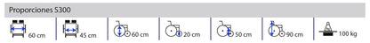 Gráfica Proporciones S300 del fabricante, con cifras en centímetros y 100 kg