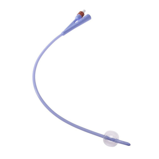 Sonda Foley Dover Covidien 100% silicón de 2 vías, válvula naranja de 16 Fr y globo inflado, sobre fondo blanco