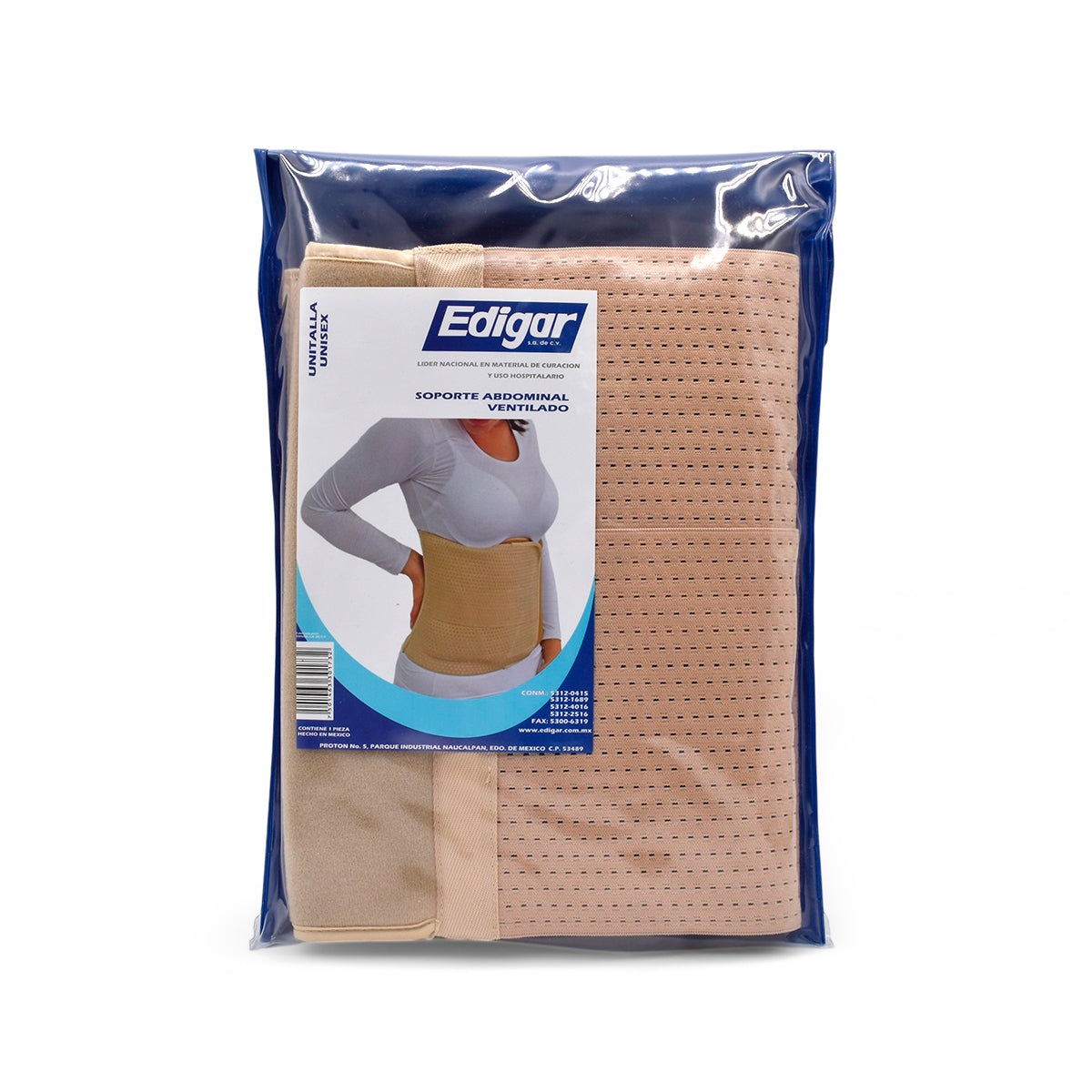Soporte abdominal ventilado beige Edigar AA10042 completo, en empaque de vinil; etiqueta original que declara unitalla y contenido de una pieza.