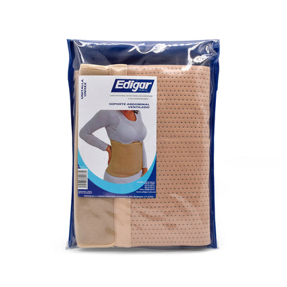 Soporte abdominal ventilado beige Edigar AA10042 completo, en empaque de vinil; etiqueta original que declara unitalla y contenido de una pieza.