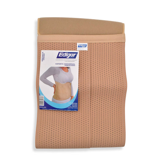Soporte abdominal ventilado beige Edigar AA10042, elástico perforado y etiqueta de unitalla, fuera del empaque de vinil.