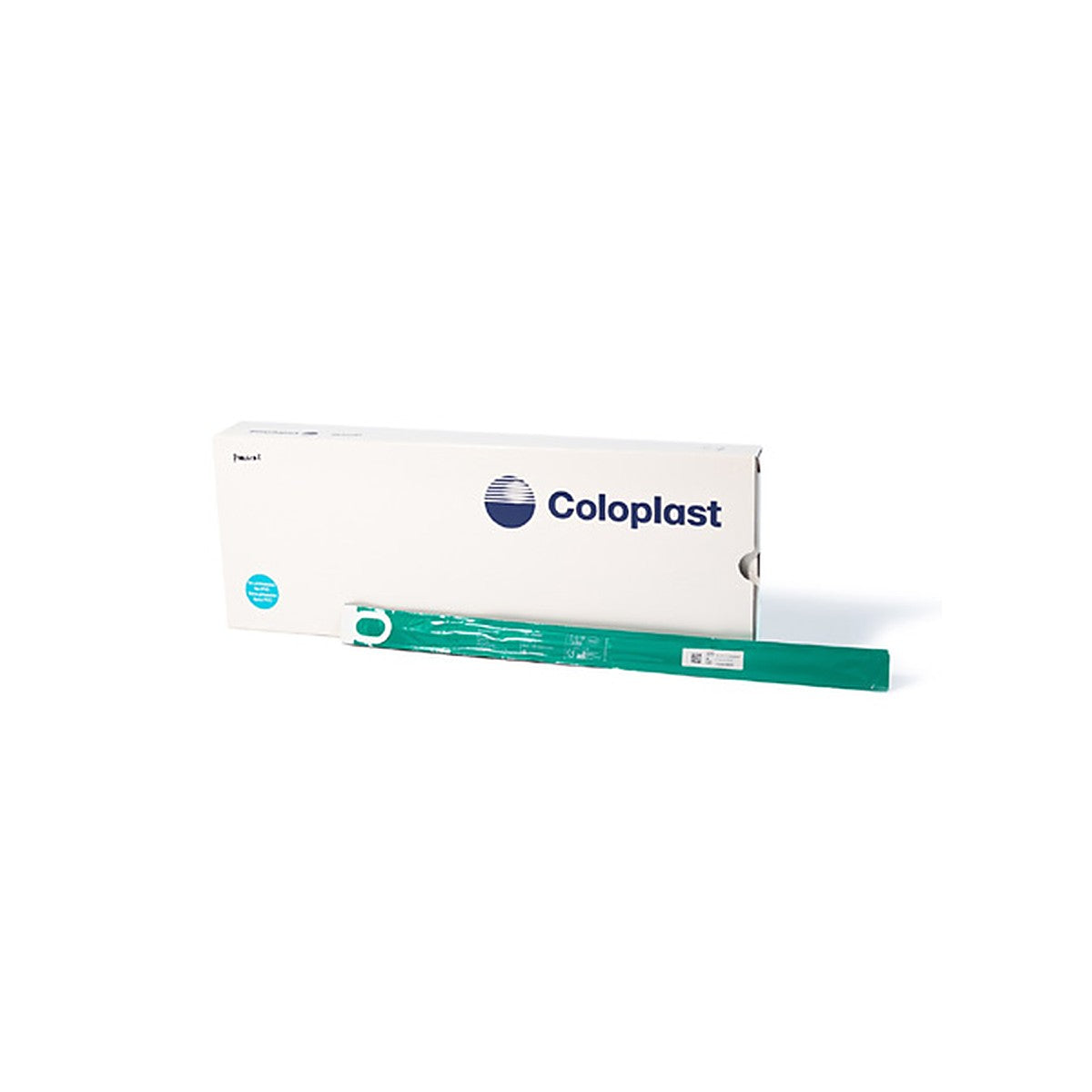 Caja con 30 piezas del catéter SpeediCath Standard femenino de Coloplast junto al sobre individual