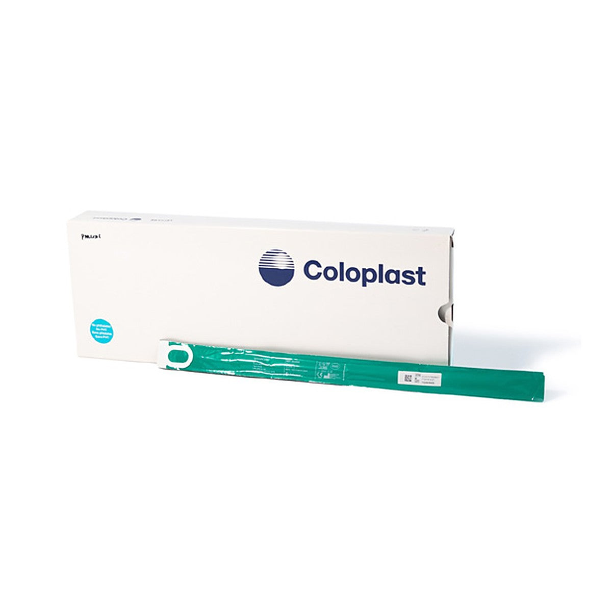 Caja con 30 piezas del catéter SpeediCath Standard masculino de Coloplast junto al sobre individual