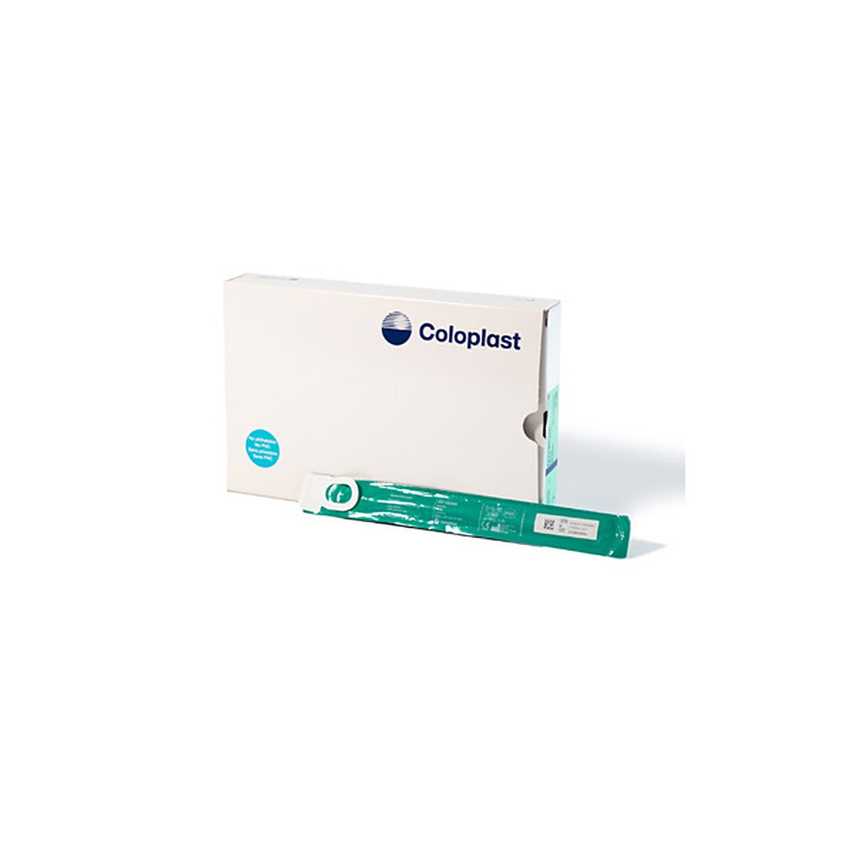 Caja con 30 piezas del catéter SpeediCath Standard pediátrico de Coloplast junto al sobre individual