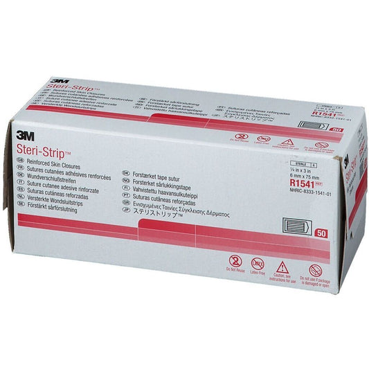 Caja 3M Steri-Strip R1541 reforzada, 6 × 75 mm, 50 sobres sobre fondo blanco