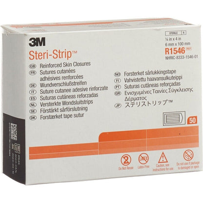Caja 3M Steri-Strip R1546 reforzada, 6 × 100 mm, 50 sobres sobre fondo blanco