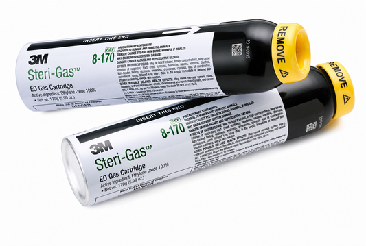 3M Steri-Gas 8-170, cartuchos de óxido de etileno de 170 g sobre fondo blanco