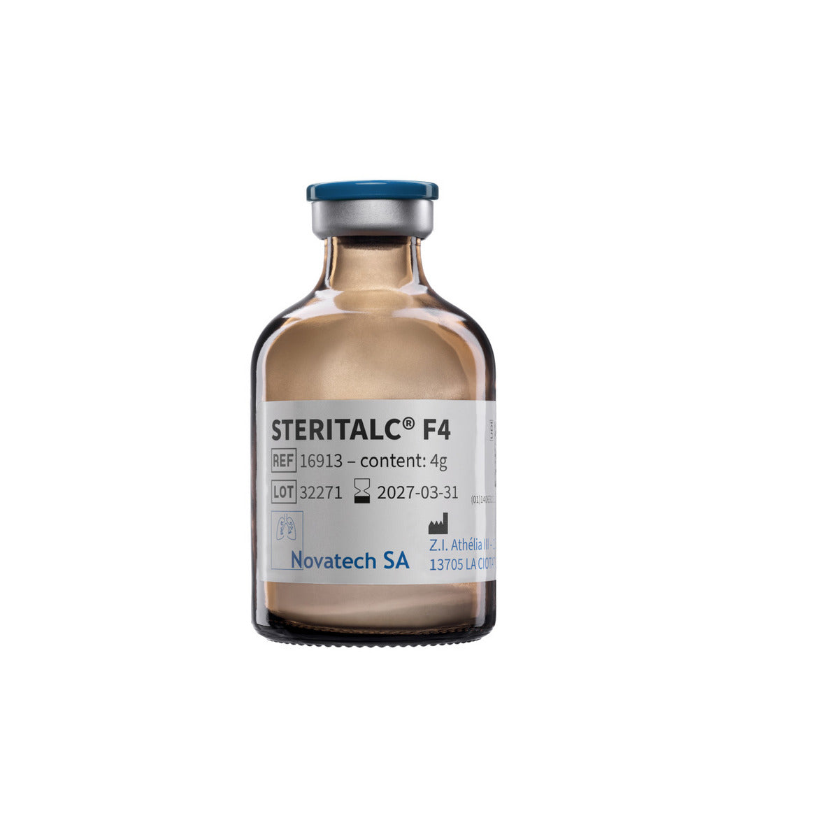 Frasco Novatech STERITALC F4 REF 16913 con 4 g de talco estéril sobre fondo blanco
