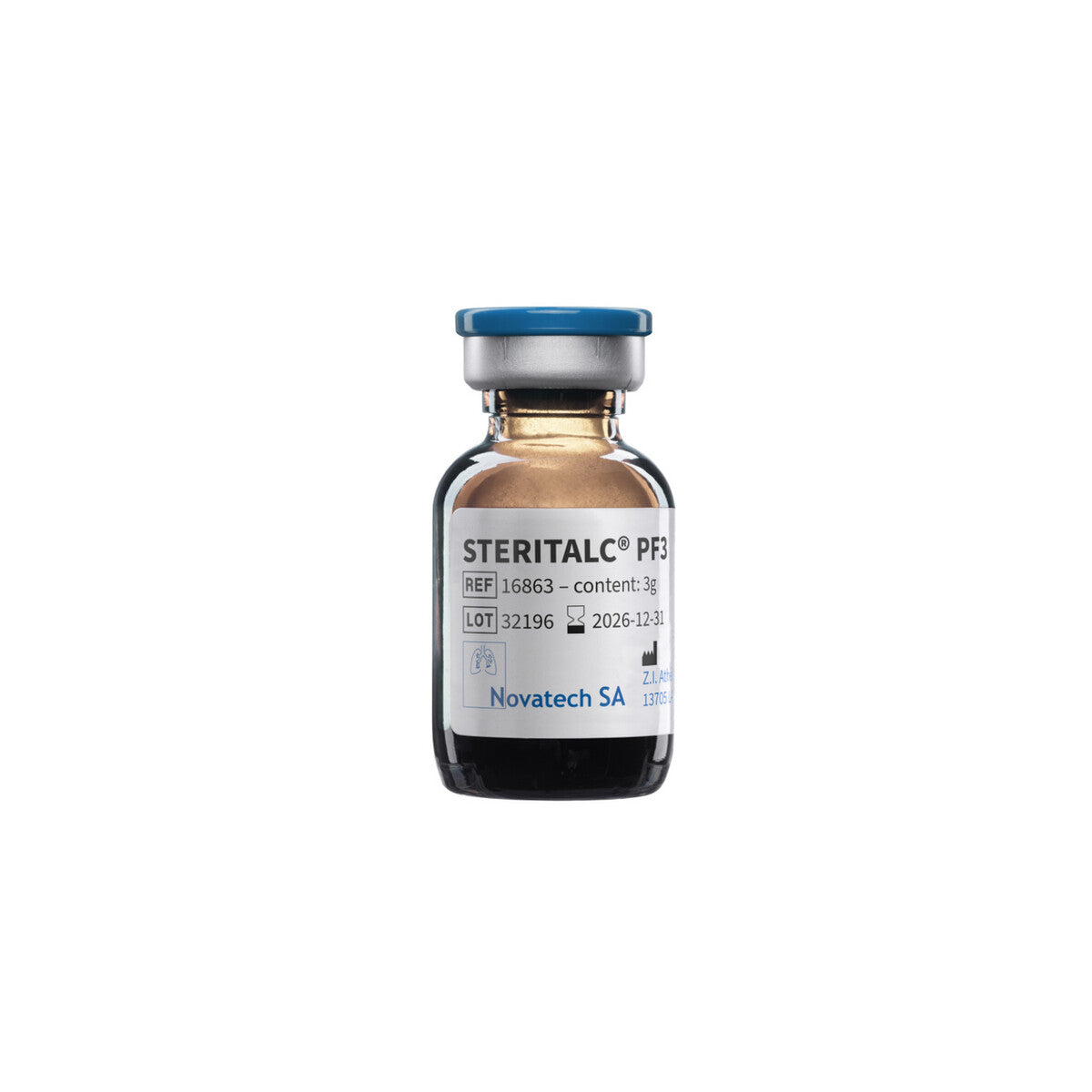 STERITALC PF3 Novatech talco estéril de 3 g sobre fondo blanco