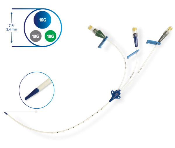 Catéter Subclavicat III Vizcarra de tres lúmenes, 7 Fr por 20 cm, referencia CPUR7203L