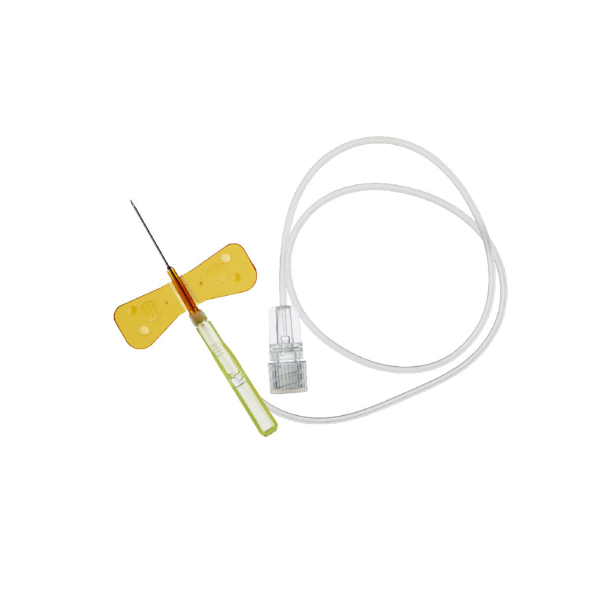 Terumo SURFLO SV-25BLK, mariposa 25 G naranja × ¾″ con protector y tubo Luer sobre blanco