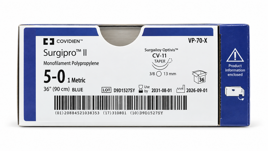 Caja Covidien Surgipro II VP-70-X, polipropileno azul 5-0 de 90 cm, doble aguja CV-11 de 13 mm y 36 suturas