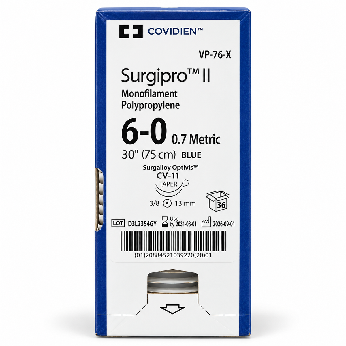 Caja Covidien Surgipro II VP-76-X, polipropileno azul 6-0 de 75 cm, doble aguja CV-11 de 13 mm y 36 suturas
