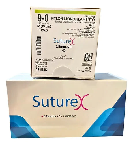 Caja ilustrativa de la familia Suturex Nylon 9-0; la foto muestra la variante TR5.5 de 5.5 mm