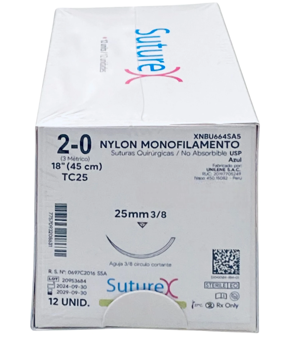 Caja de 12 suturas Suturex XNBU664SA5, nylon monofilamento azul no absorbible, calibre 2-0, hebra 45 cm y aguja cortante TC25 de 25 mm, 3/8 de círculo.