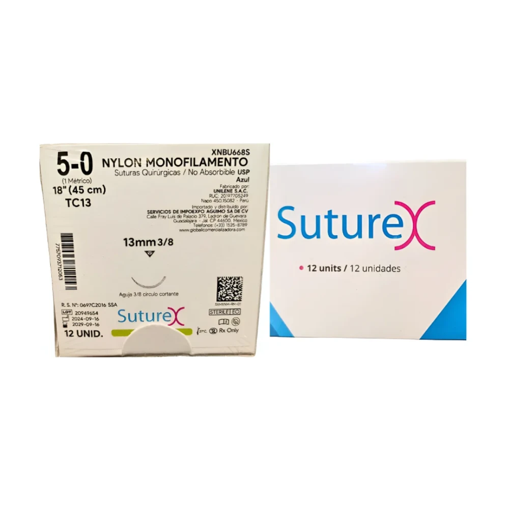 Caja de 12 suturas Suturex XNBU668S, nylon monofilamento azul no absorbible, calibre 5-0, hebra 45 cm y aguja cortante TC13 de 13 mm, 3/8 de círculo.