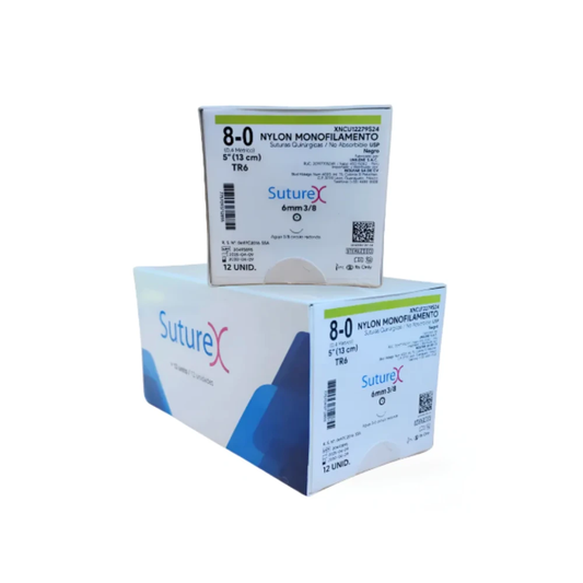 Caja de 12 suturas Suturex XNCU12279S24, nylon monofilamento negro no absorbible, calibre 8-0, hebra 13 cm y aguja redonda TR6 de 6 mm, 3/8 de círculo.
