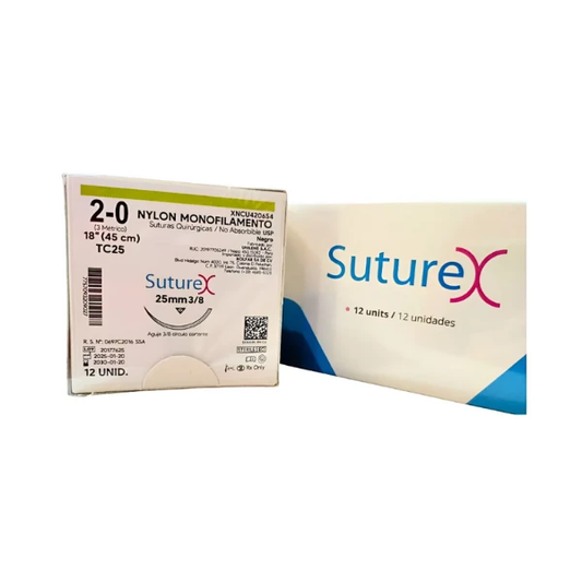 Caja de 12 suturas Suturex XNCU4206S4, nylon monofilamento negro no absorbible, calibre 2-0, hebra 45 cm y aguja cortante TC25 de 25 mm, 3/8 de círculo.