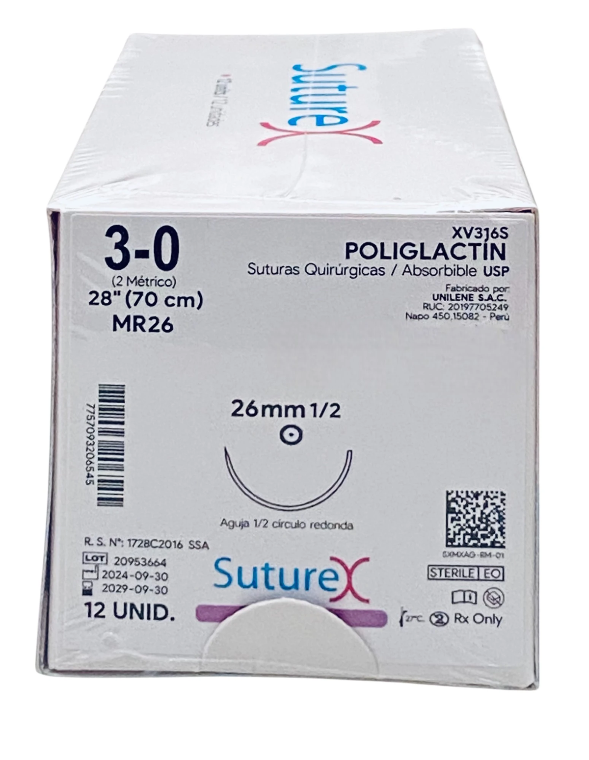 Caja de 12 suturas Suturex XV316S, poliglactin absorbible, calibre 3-0, hebra 70 cm y aguja redonda MR26 de 26 mm, 1/2 círculo.